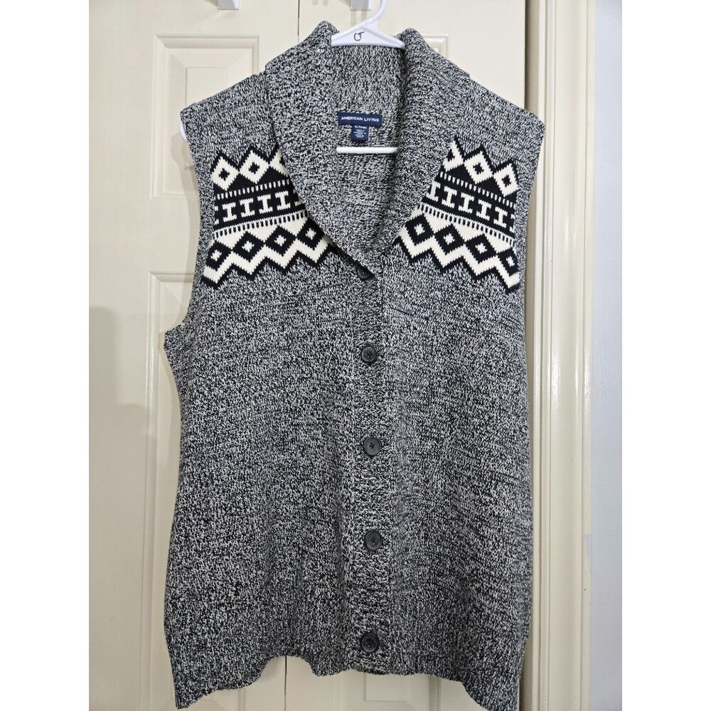 American Living XL Black/ White Sweater Vest W Shawl Collar Nordic Fair Isle Des